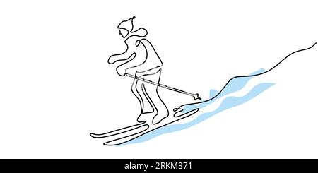 Continuous one line of man playing ice skating isolated on white background. Stock Vector