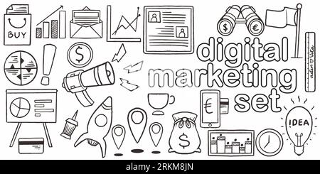 Set of hand drawn doodle business digital marketing for sales promotion isolated on white background. Stock Vector