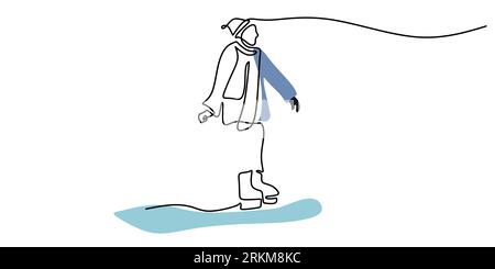 Continuous one single line of man playing ice skating on winter sport isolated on white background. Stock Vector