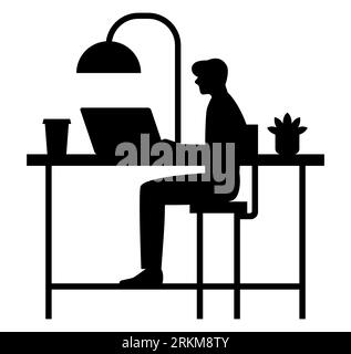 Black silhouette of a man working on a laptop, a male in the digital realm, technology, and modern lifestyle, vector illustration on white backdrop Stock Vector