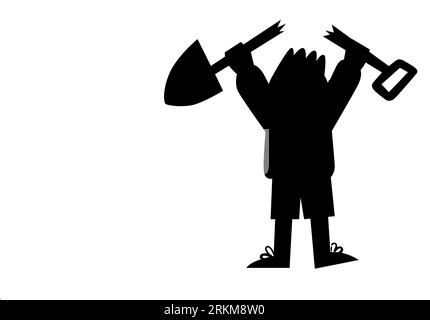Black silhouette of a small cartoon kid holding a broken axe, a kid playing, a child making mistakes, mischief vector isolated on white background Stock Vector