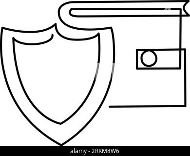 Money protection shield with wallet. Money protection concept. Cash secure investment, online payment protection. Continuous one line drawing. Vector Stock Vector