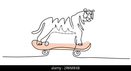 Continuous one single line of big tiger playing with snowboard isolated on white background Stock Vector
