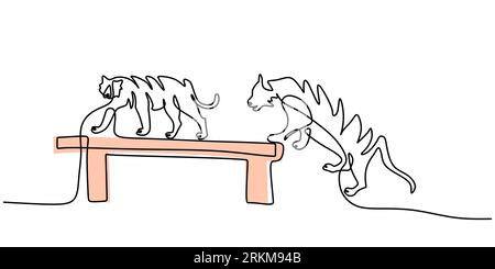 Continuous one single line of two tigers playing on board for circus attraction isolated on white background Stock Vector
