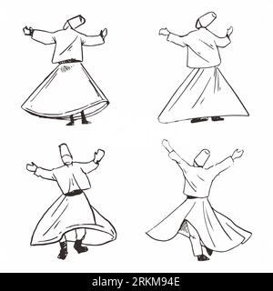 Hand drawn of Whirling dervish sufi dance isolated on white background. Stock Vector