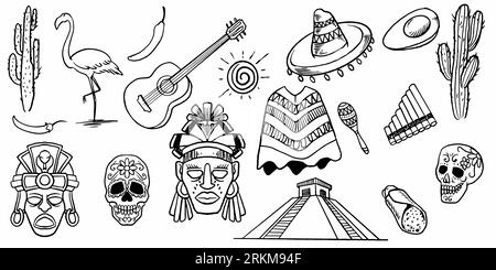 Set of hand drawn mexican ancient symbol isolated on white background. Stock Vector