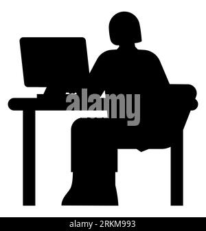 Black silhouette of a woman silhouette typing on laptop, an efficient multitasking female, juggling work and life, vector illustration isolated Stock Vector