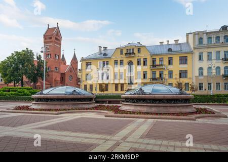 Independence Square and Church of Saints Simon and Helena - Minsk Red Church - Minsk, Belarus Stock Photo