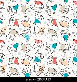 Continuous one single line of cute cat faces colorful seamless pattern isolated on white background minimalism design. Stock Vector