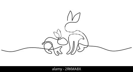 Continuous one single line of two cute rabbits isolated on white background Stock Vector
