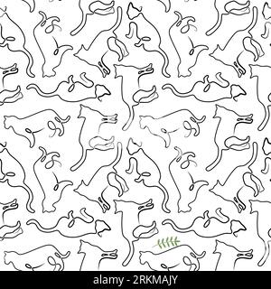 Continuous one single line of abstract cute cat seamless pattern isolated on white background minimalism design. Stock Vector