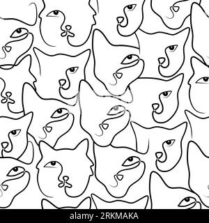 Continuous one single line of cute cat faces seamless pattern isolated on white background minimalism design. Stock Vector