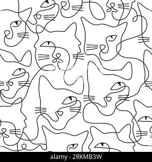 Continuous one single line of cute cat faces seamless pattern isolated on white background minimalism design. Stock Vector