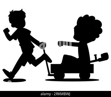 Black silhouette of a brother and sister playing outside, children playing with a kid wagon, vector isolated on a white background Stock Vector
