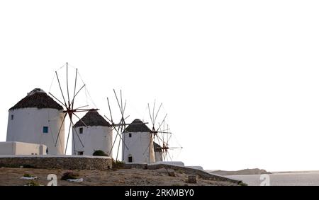 Windmills isolated on white background, Mykonos island, Greece. Stock Photo