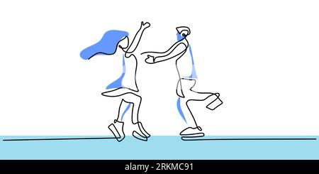 Continuous one single line of teenage couple playing ice skating winter sport isolated on white background. Stock Vector