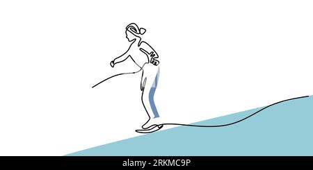 Continuous one single line of mommy playing ice skating isolated on white background. Stock Vector