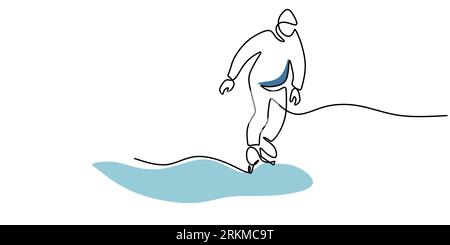 Continuous one single line of man playing ice skating isolated on white background. Stock Vector