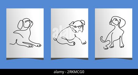 Continuous one single line of three cute dog poster isolated on blue background. Stock Vector
