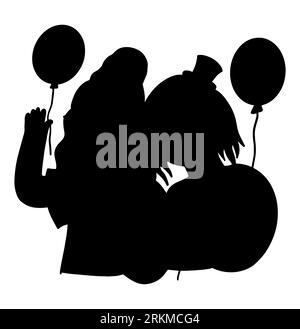 Black silhouette of two female friends enjoying with each other, girls holding balloons in their hands, females having fun, vector isolated on white Stock Vector