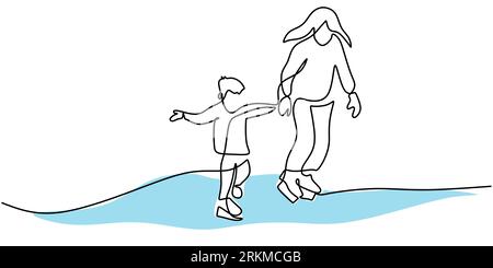 Continuous one single line of mommy and her boy playing ice skating winter sport isolated on white background. Stock Vector