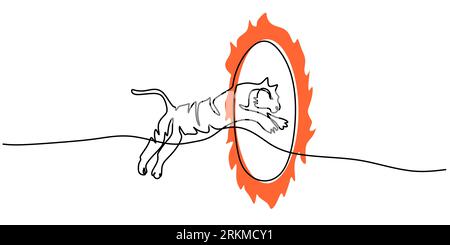 Continuous one single line of big tiger jumping through fire circle isolated on white background. Stock Vector