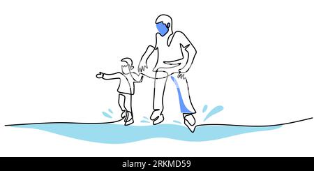 Continuous one single line of father and his son playing ice skating winter sport isolated on white background. Stock Vector
