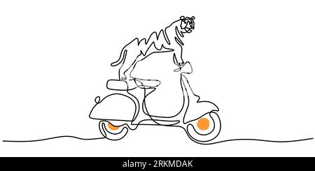 Continuous one single line of tiger riding classic vespa motorcycle isolated on white background Stock Vector