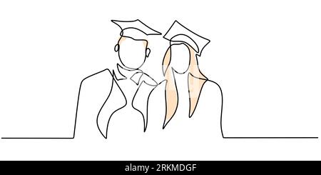 Continuous one single line of couple using graduation clothes isolated on white background. Stock Vector