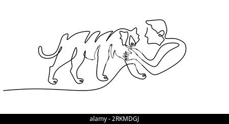 Continuous one single line of man playing with big tiger isolated on white background Stock Vector