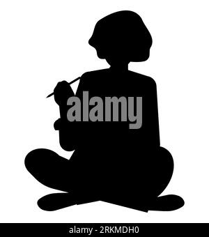 Black silhouette of a female author deep in creativity, a writer jotting down thoughts with a pen and paper, a woman writing vector isolated Stock Vector