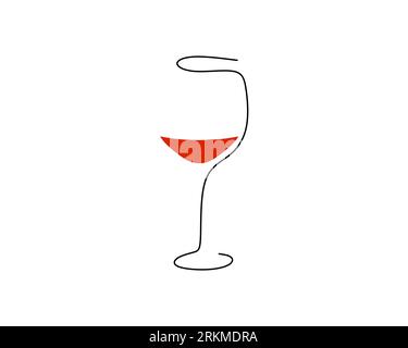 Continuous one single line of Red Wine Glass isolated on white background. Stock Vector