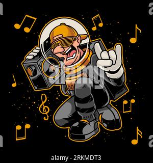 Hand drawn of Astronaut on space with rapper style bring radio with music symbol isolated on black background for shirt or wallpaper. Stock Vector