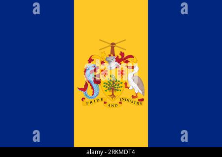 The official current flag and coat of arms of Barbados. State flag of Barbados. Illustration. Stock Photo