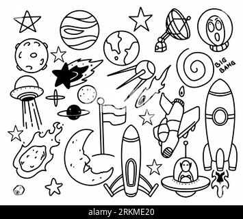 Hand drawn space themed doodle isolated on white background. Doodle cosmos illustration set, design elements for any purposes. Hand drawn abstract spa Stock Vector