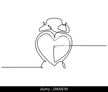 One continuous single line of love shaped alarm clock isolated white background for valentine day. Stock Vector