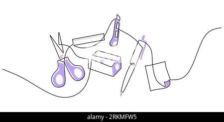 Continuous one single line of scissors, ruler, cutter and pen isolated on white background for studying stuff. Stock Vector