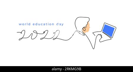 Continuous one single line of man working with laptop isolated on white background for world education day. Stock Vector