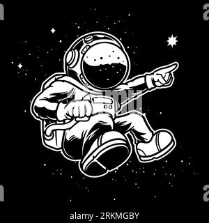 Hand drawn illustration of cute astronaut flying on outer space in black white color. Stock Vector