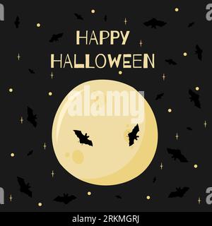 The vector illustration of Happy Halloween can be used as a banner or a greeting card. The moon and bats with stars against a dark background. Stock Vector