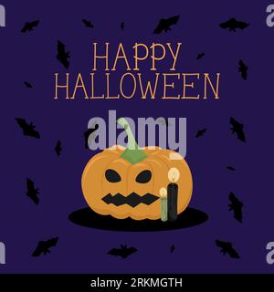 The vector illustration of Happy Halloween can be used as a banner or a greeting card. Pumpkin, bats, and a candles on a violet background. Stock Vector