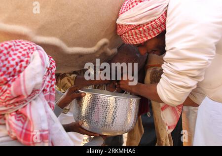 Bildnummer: 56751522  Datum: 17.12.2011  Copyright: imago/Xinhua (111217) -- ABU DHABI, Dec. 17, 2011 (Xinhua) -- Herdsmen milk a camel in the desert near Zayed City, the United Arab Emirates, Dec. 17, 2011. Some 20,000 camels from the UAE, Saudi Arabia and other Arab countries competed in a traditional beauty contest during the fifth Al Dhafra Camel Festival opening here on Saturday. (Xinhua) UAE-AL DHAFRA CAMEL FESTIVAL PUBLICATIONxNOTxINxCHN Gesellschaft Land Leute Kamel Tiere Schönheitswettbewerb xns x0x 2011 quer      56751522 Date 17 12 2011 Copyright Imago XINHUA  Abu Dhabi DEC 17 2011 Stock Photo