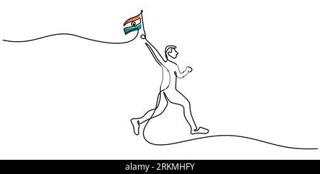 Continuous one single line of india running man holding india flag for republic day isolated on white background. Stock Vector