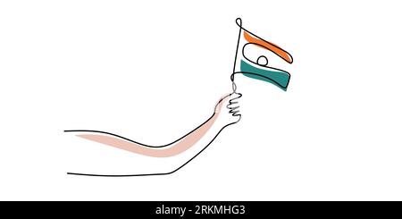Continuous one single line of hand holding india flag isolated on white background. Stock Vector