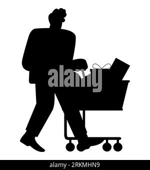 Black silhouette of a man with a shopping cart doing grocery shopping, vector isolated on white background, cartoon character Stock Vector