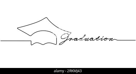 Continuous one single line of graduation hat with graduation word isolated on white background. Stock Vector