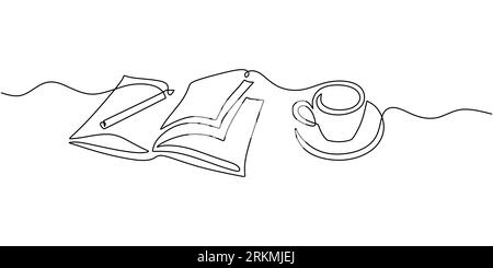 Continuous one single line of pen, book and cup coffee isolated on white background for studying stuff. Stock Vector