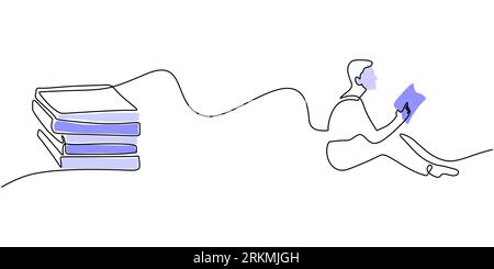 Continuous one single line of man reading book isolated on white background for world education day. Stock Vector