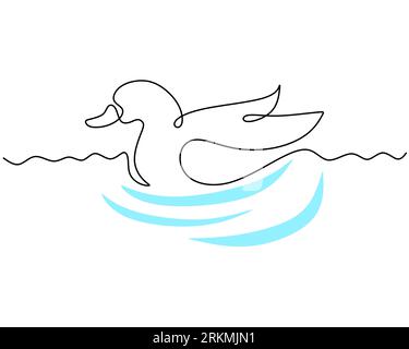 One continuous single line of wood duck swimming in river. Famous bird line art isolated on white background. Stock Vector