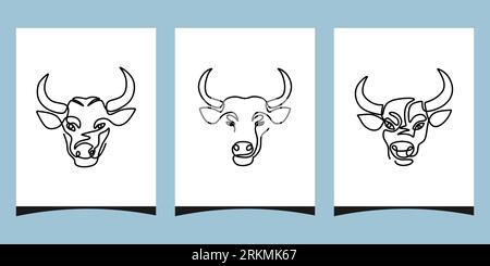 One continuous single line of three buffalo heads poster banner isolated on blue color. Stock Vector